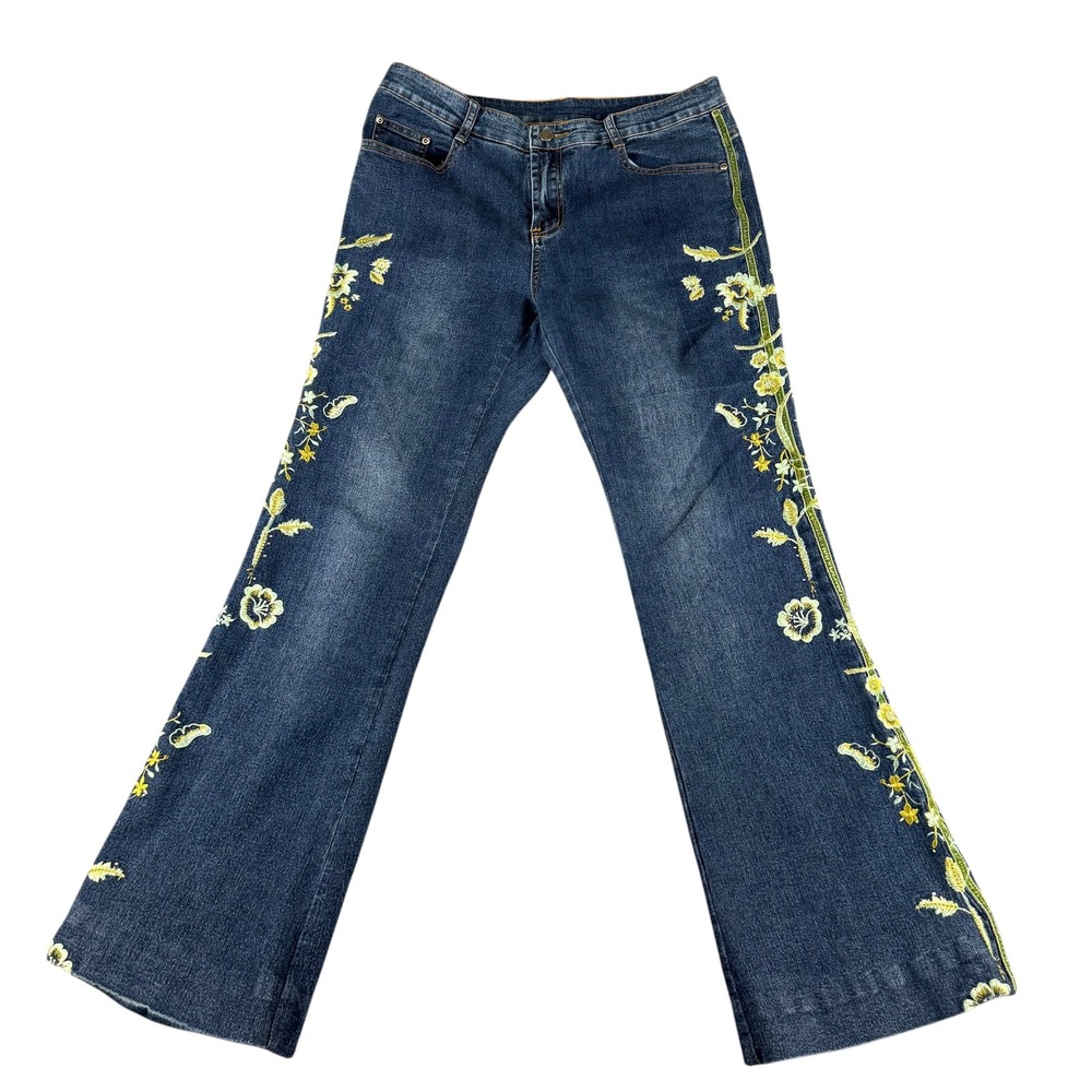 AZI Jeans Women Size 12 Dark Wash Floral Embroidered Flare‎ Leg Denim Pants
